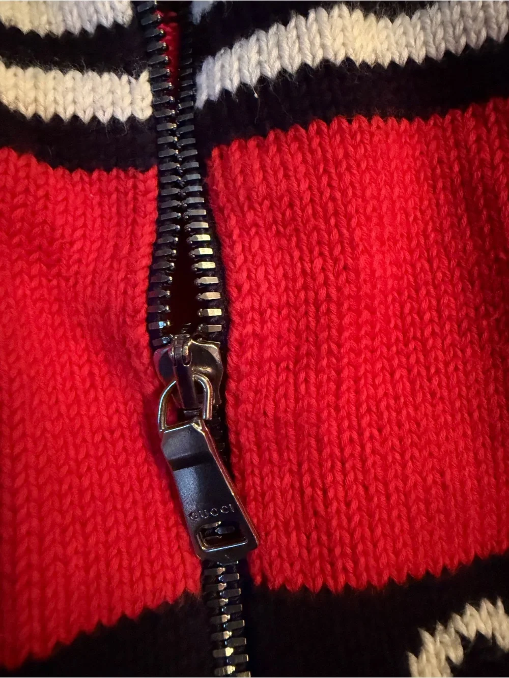 Gucci Striped Zip Knit Cardigan in Deep Navy, White & Red